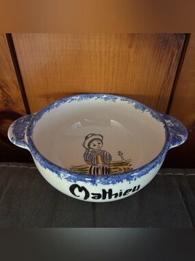 Vintage CLAUDE BOUTON BRETON FAIENCE -cereal /fruit BOWL  customized “ Mathieu”